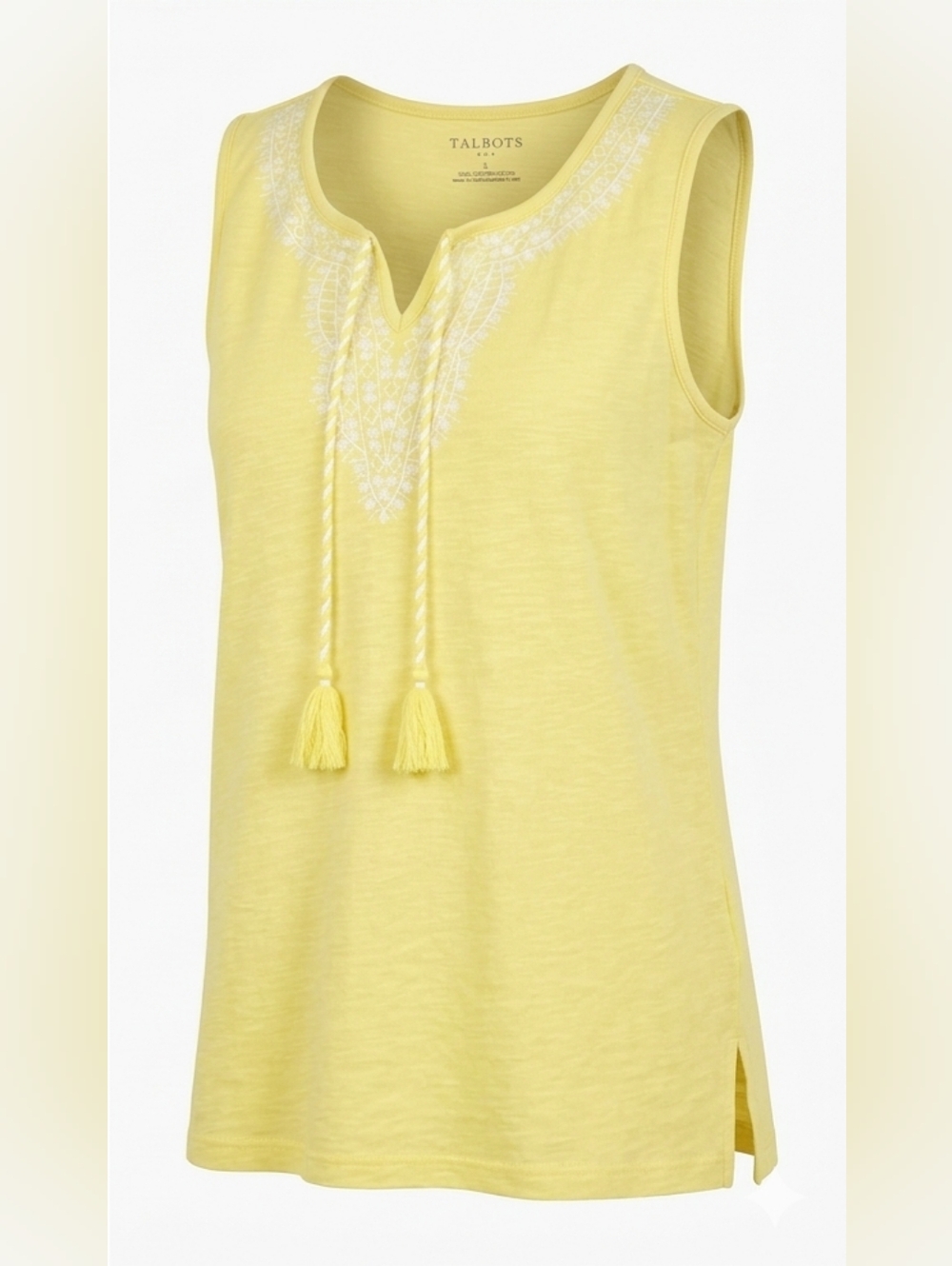 Talbots Yellow Embroidered Tassel Tank Boho Summer Cotton Sleeveless Top Resort